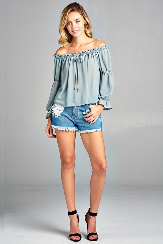 Women's Puff Long Sleeve Ruffled Front Tie Off Shoulder Top