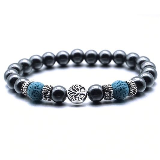 Light Blue Tree of Life Lava Stone Metal Bracelet