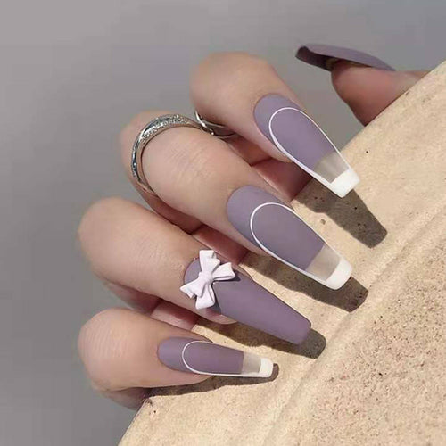 Rattan Purple French Bow Wear Manicure Finished Fake Nail Manicure Pat