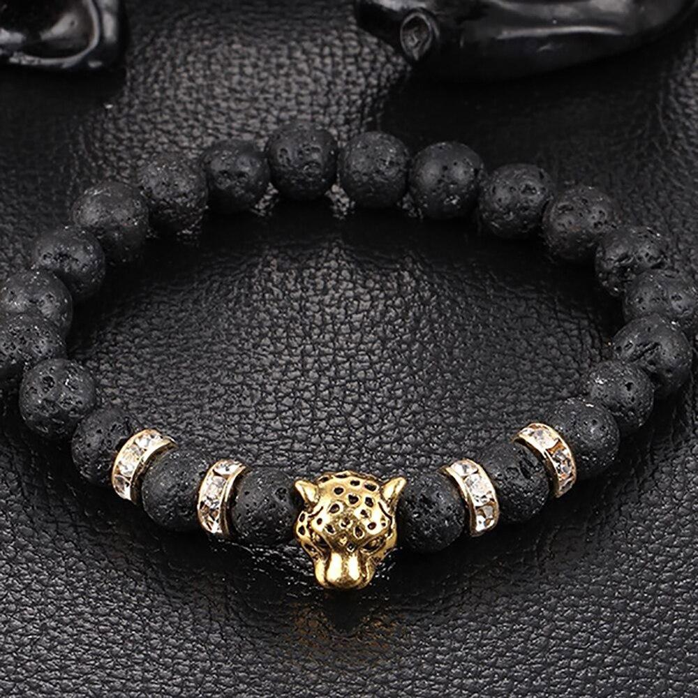 Golden Onyx Stone Leopard and Lava Stone Beads Men's Bracelet