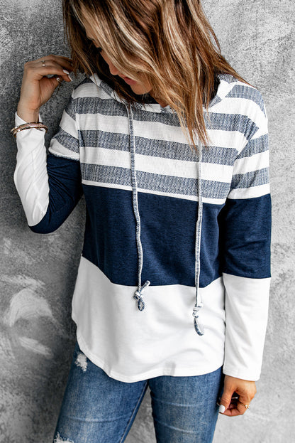 White Color Block Classic Pullover Drawstring Hoodie For Women