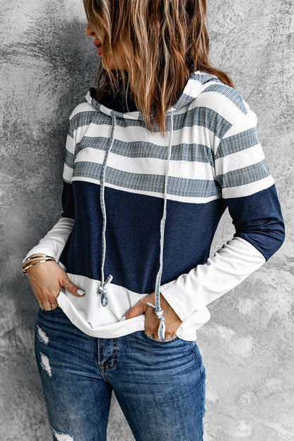 White Color Block Classic Pullover Drawstring Hoodie For Women