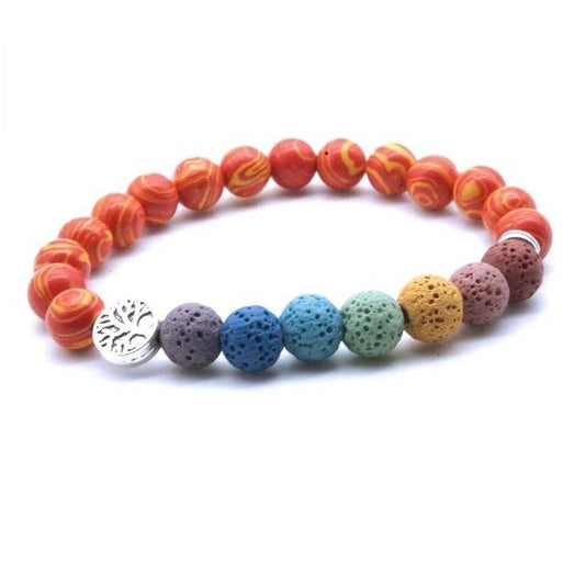 Tree of life Seven Chakra and Bright Reds Lava Stone Bracelet