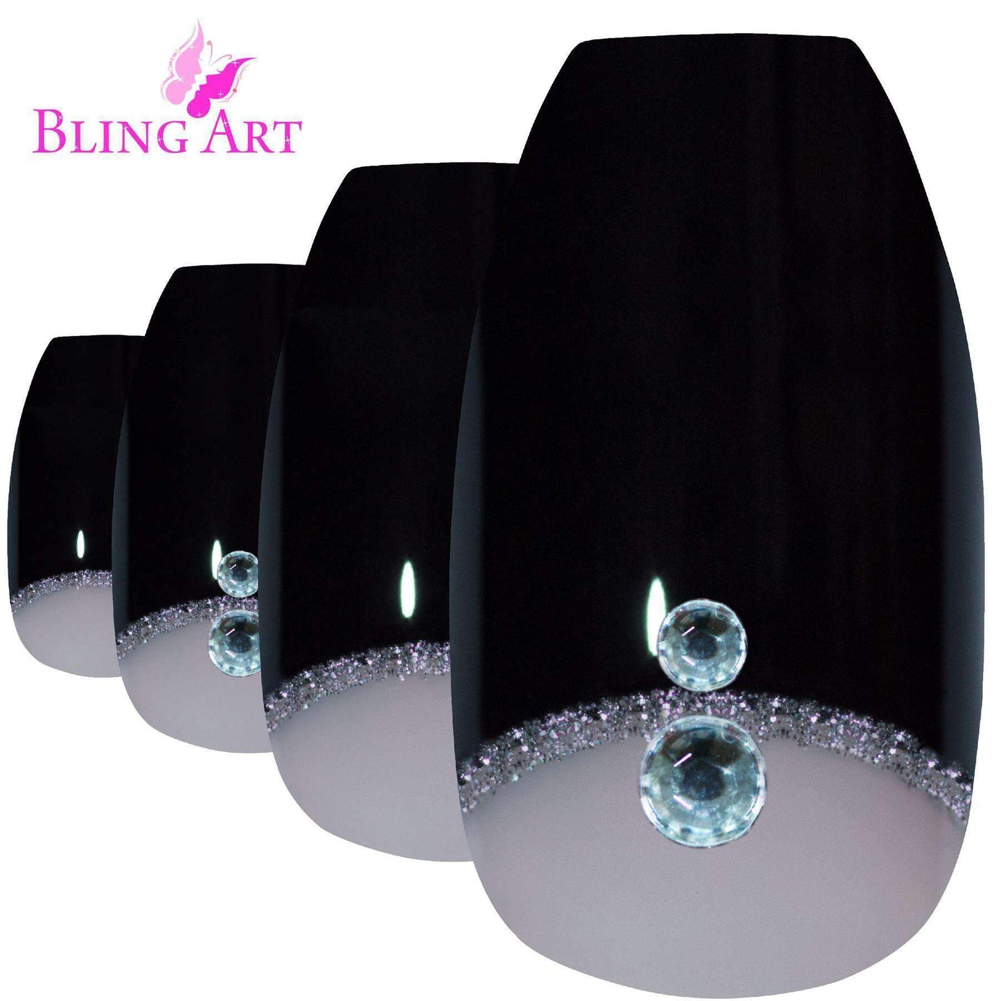 False Nails Bling Art Black Crystal Polished Ballerina Coffin Long