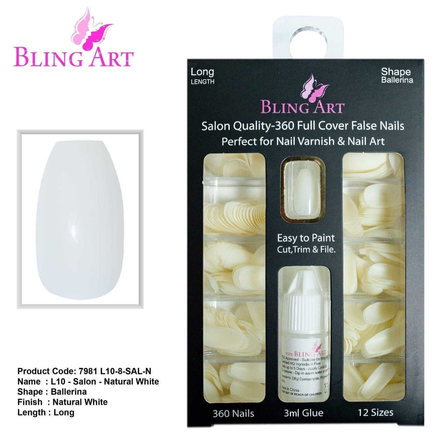 False Nails by Bling Art 360 Coffin Ballerina Long Natural Acrylic