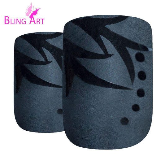 False Nails by Bling Art Black Leaf Matte French Squoval 24 Fake