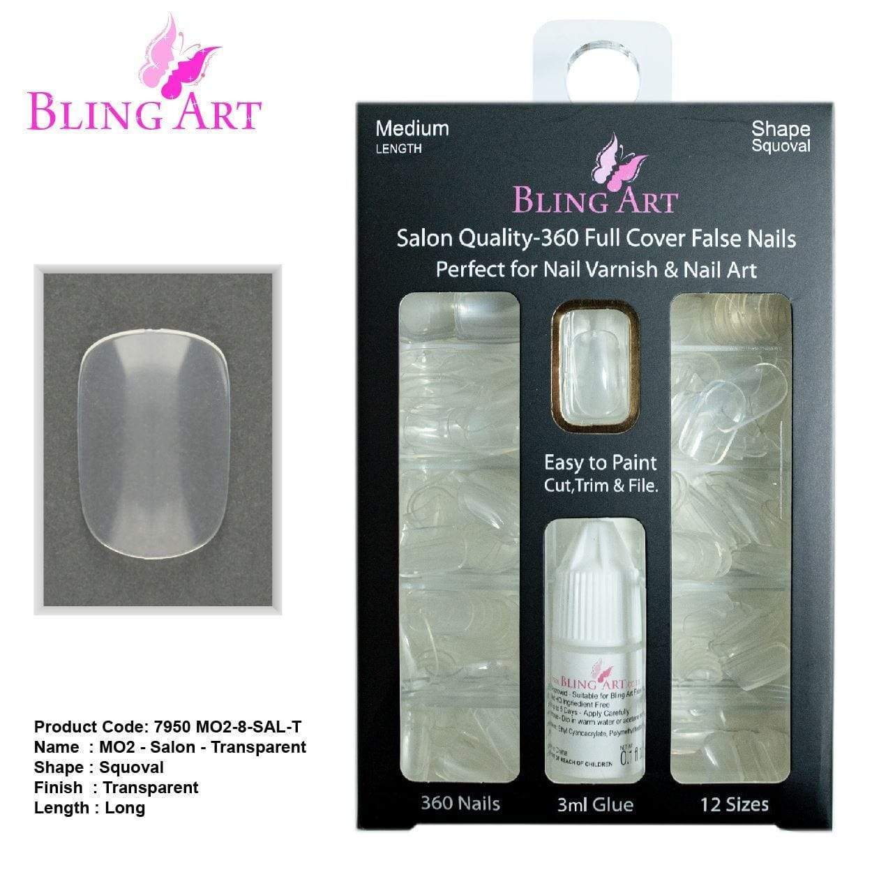 False Nails by Bling Art 360 Squoval Long Transparent Acrylic Fake