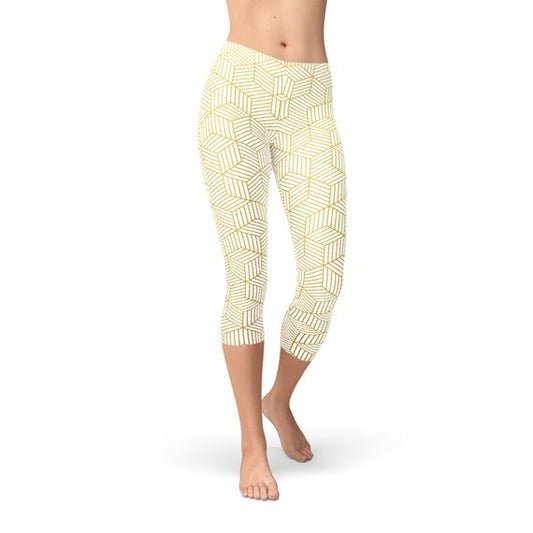 Womens White Capri Leggings w/ Geometric Cubes