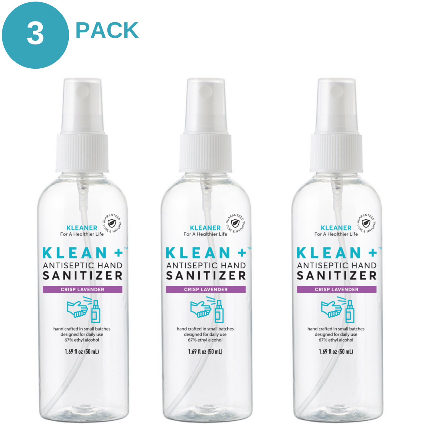 Klean + Hand Sanitizer Crisp Lavender 50ml (3Pack)