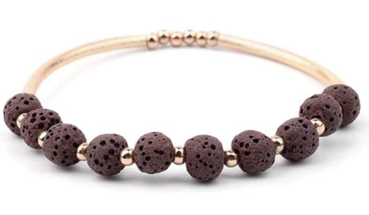 Lava Stone Essential Oil Bracelet - Brown Lava Stone and Gold