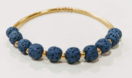 Lava Stone Essential Oil Bracelet - Dark Blue Lava Stone and Gold