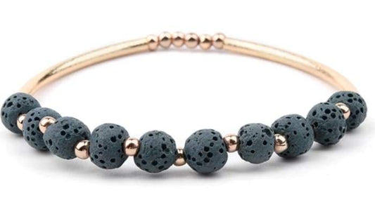 Lava Stone Essential Oil Bracelet - Dark Green Lava Stone and Gold